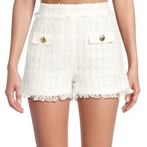 Walter Baker White Tweed High-Rise Fringe Shorts with Gold Buttons
